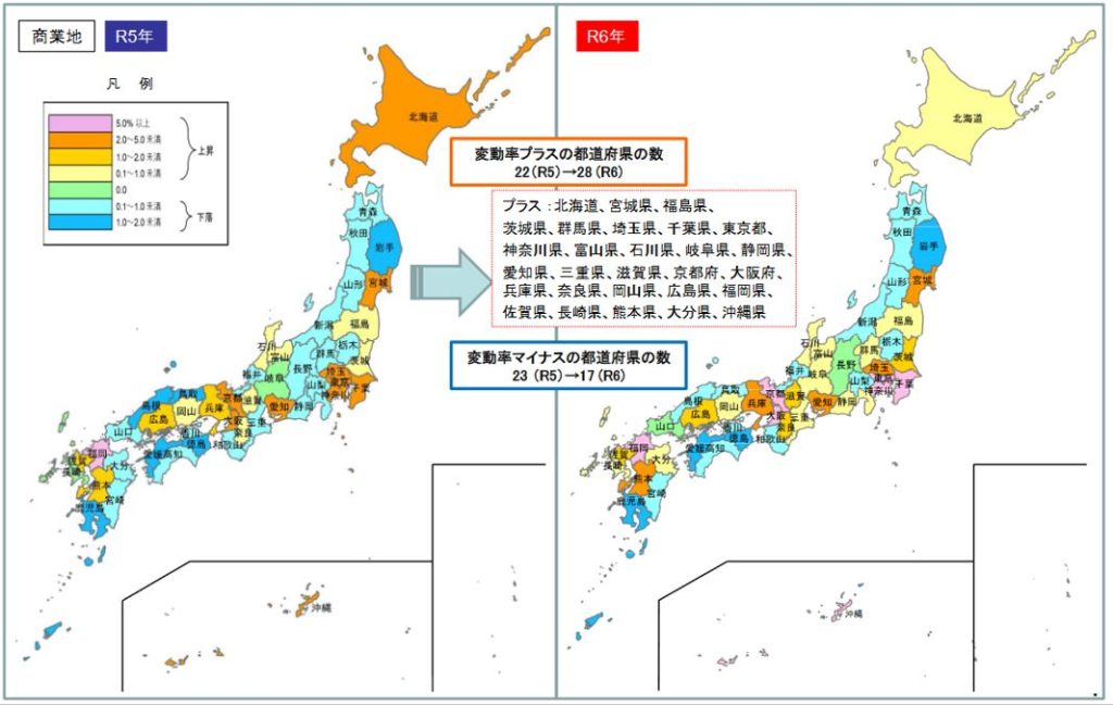 令和6年地価調査 都道府県別地価変動率（商業地）(出典　国土交通省）